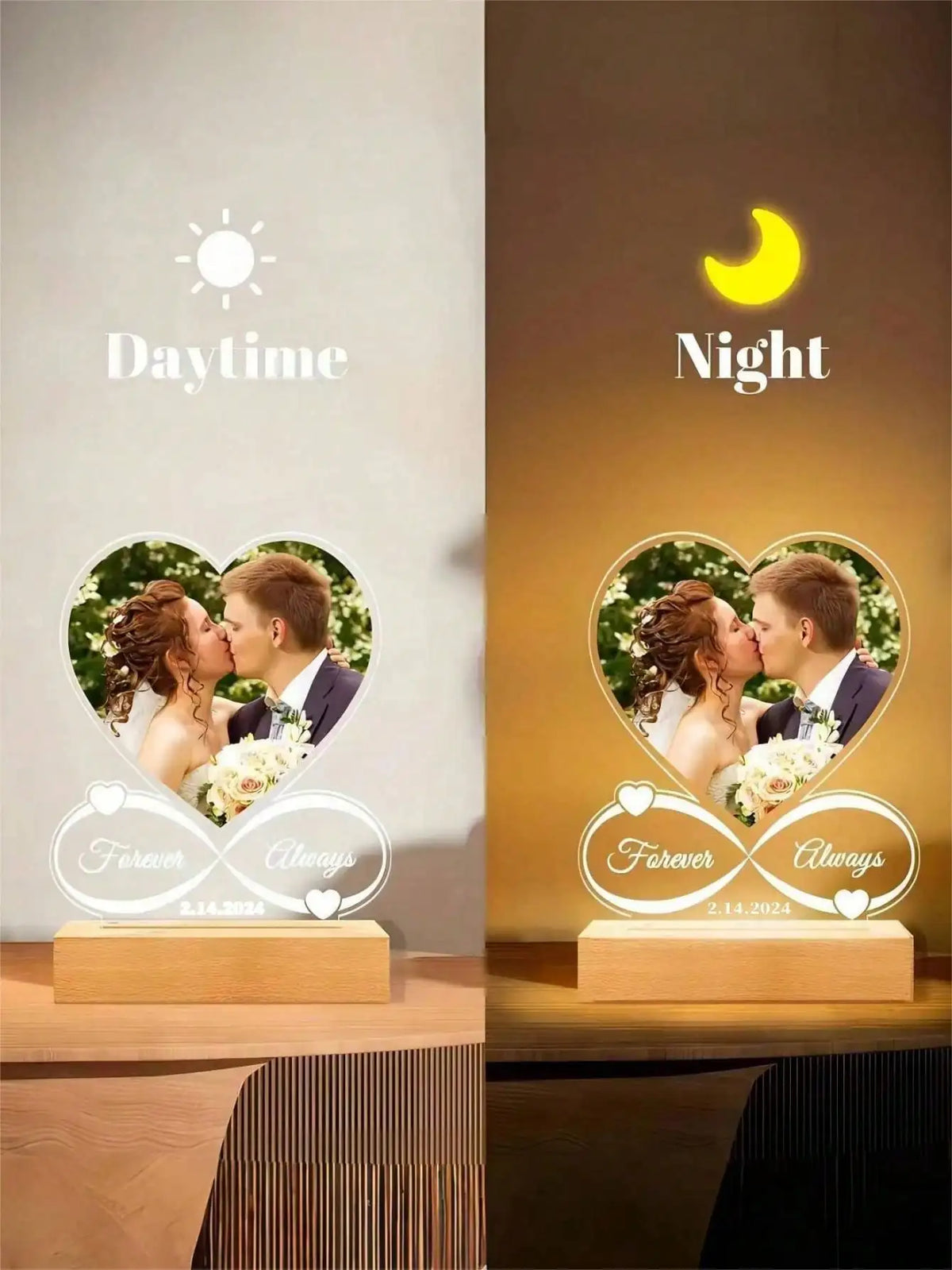 A custom acrylic heart photo frame displaying a couple kissing, set against a daytime and night theme.