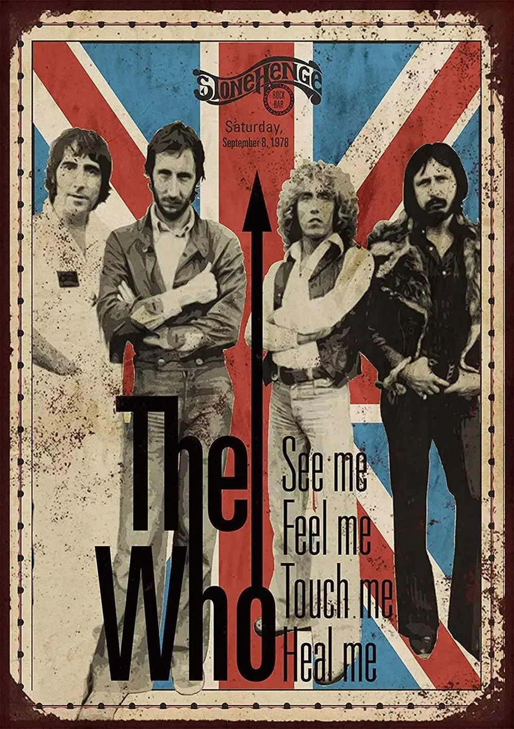 Placa vintage con cuatro miembros de The Who contra un fondo Union Jack.
