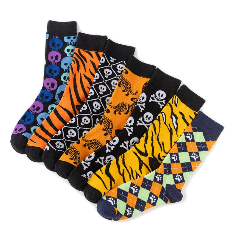 A set of novelty crew socks featuring skull, alien, and tiger prints in various colors.