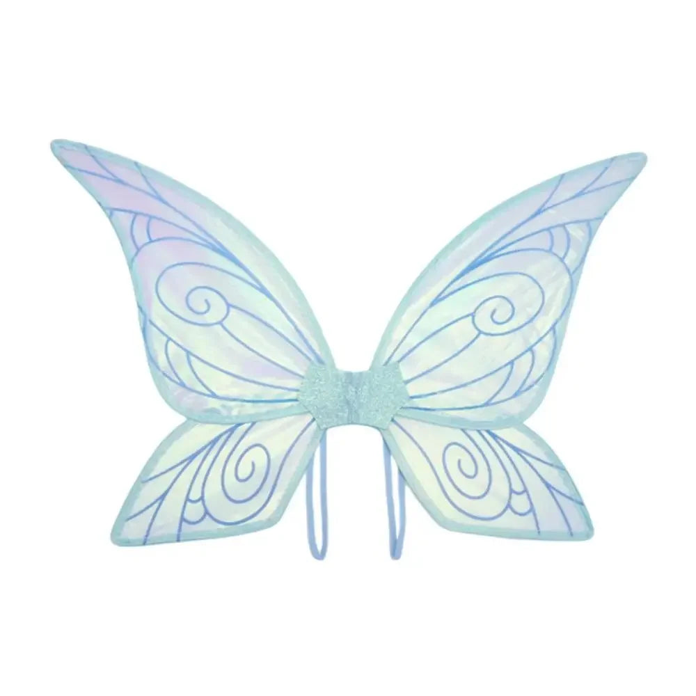 Light blue sparkling fairy wings set with a wand and floral crown