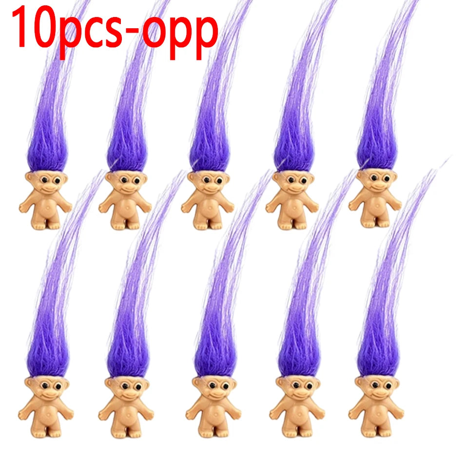 Ten purple mini retro troll doll collectible figures displayed vertically