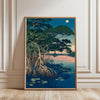 A canvas print depicting a large green tree with exposed roots silhouetted against a blue sky and pink sunset water.