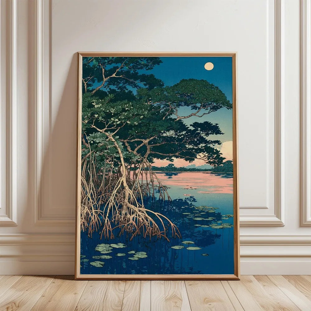 A canvas print depicting a large green tree with exposed roots silhouetted against a blue sky and pink sunset water.
