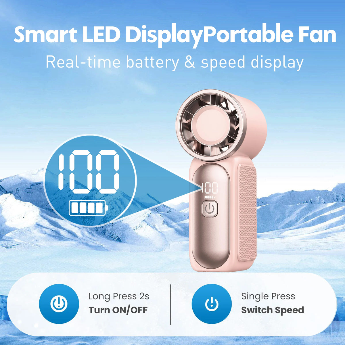 A pink smart LED display portable fan showing a battery level and speed, with instructions for turn on/off and speed switchin