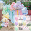 A colorful balloon garland kit featuring pink, purple, and blue balloons arranged on a wooden surface.