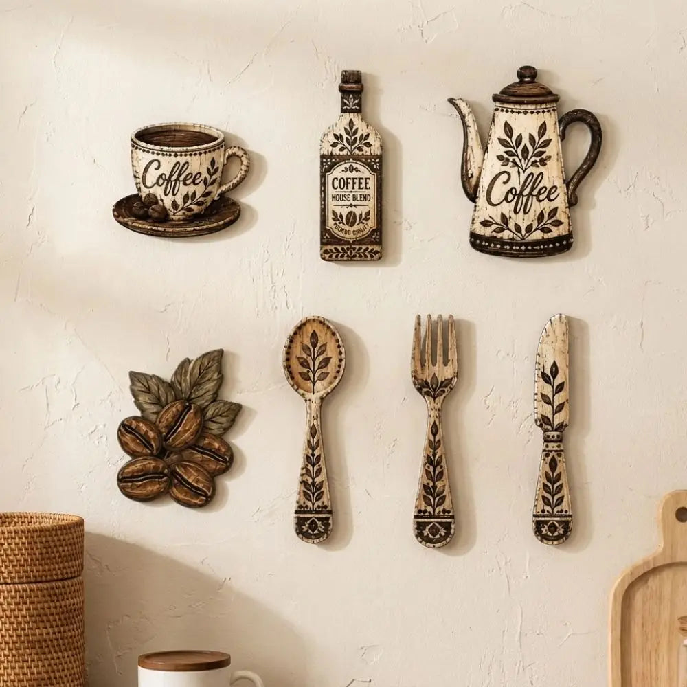 A collection of vintage wooden coffee utensils including a decanter, spoon, fork, and knife mounted on a white wall.