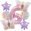 A set of seven pink butterfly and number balloons for a birthday party decoration