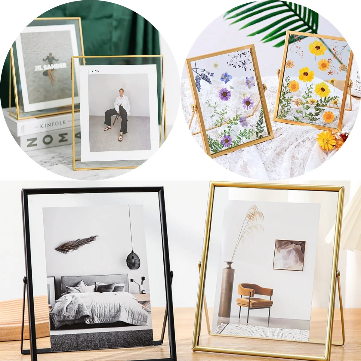 A collection of modern floating picture frames showcasing various floral and nature-themed art prints.