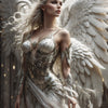 Eine weibliche Figur mit weißem Haar und goldenen Flügeln in einem verzierten Kleid, die einen himmlischen Engel darstellt.