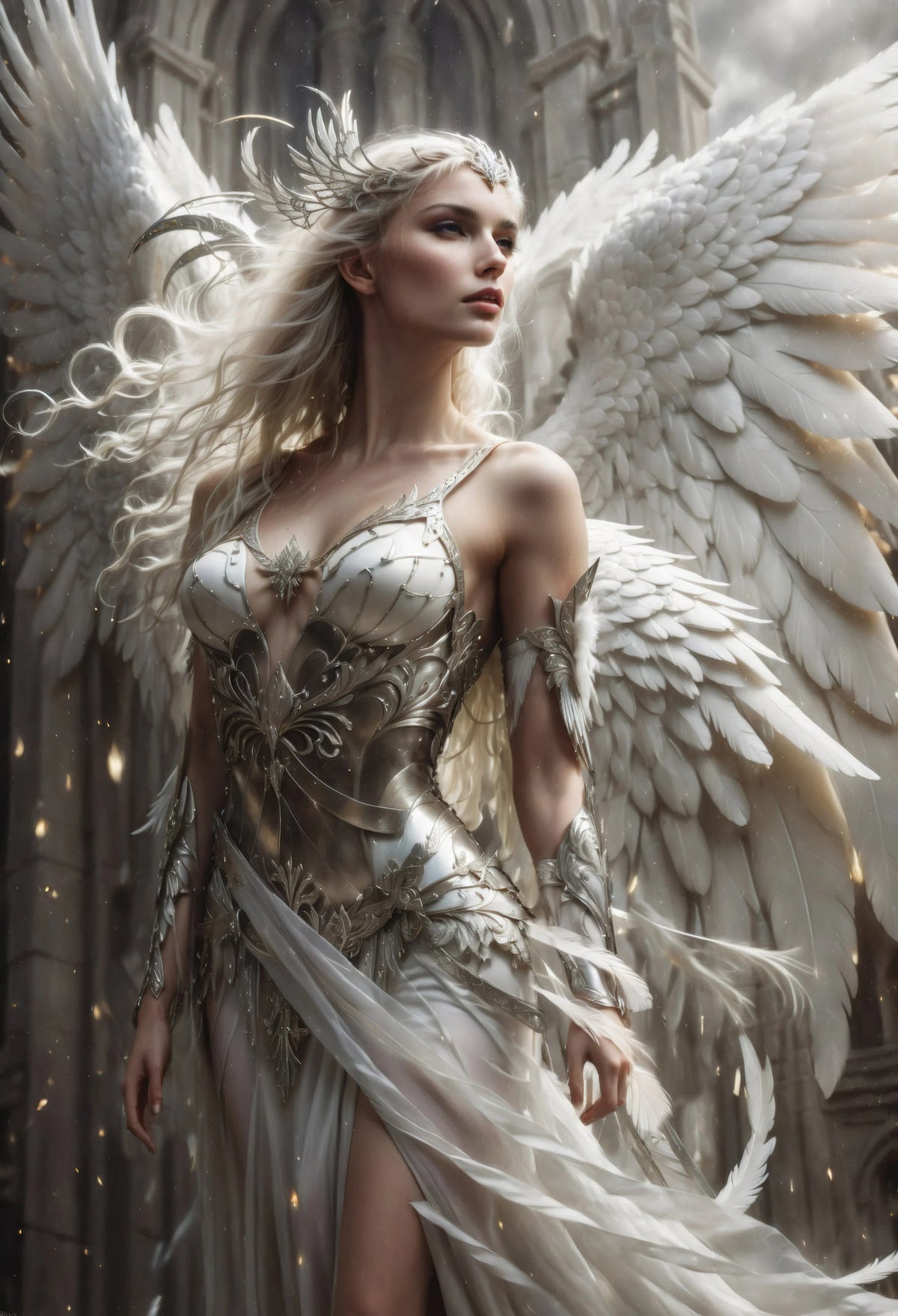 Eine weibliche Figur mit weißem Haar und goldenen Flügeln in einem verzierten Kleid, die einen himmlischen Engel darstellt.