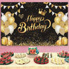 A festive birthday banner featuring gold and black confetti, balloons, and elegant script on a dark background.