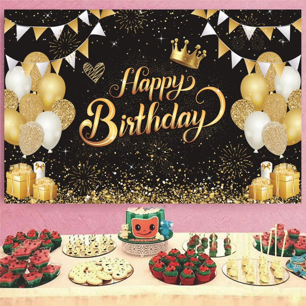 A festive birthday banner featuring gold and black confetti, balloons, and elegant typography on a dark background.