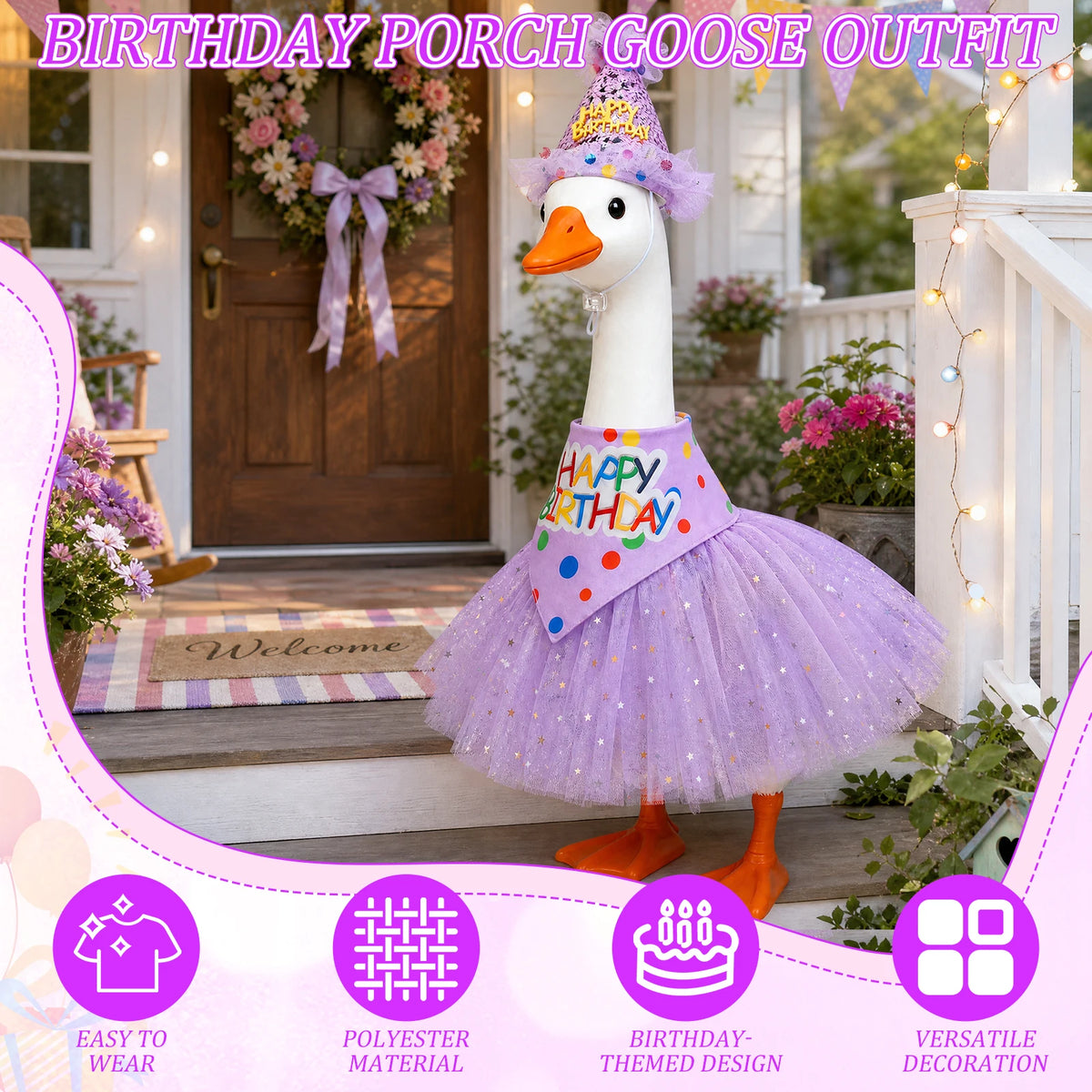 A white goose costume with a purple tutu and a festive hat displayed on a porch.
