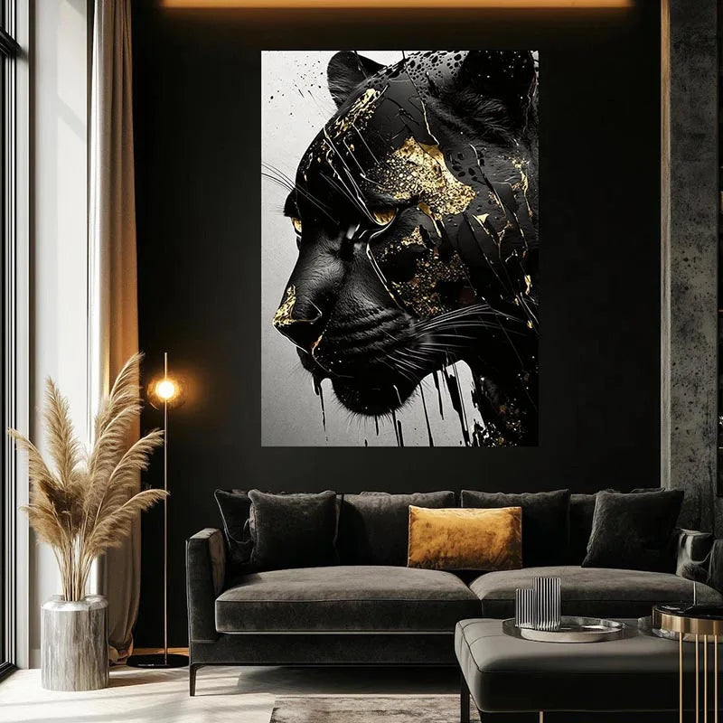 A canvas print featuring a black panther head with gold accents against a dark background.