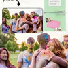 A group of friends posing for a photo, with text overlays suggesting a custom photo fridge magnet.