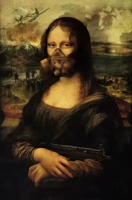 A painting of a woman with long dark hair covering her face, holding a rifle.