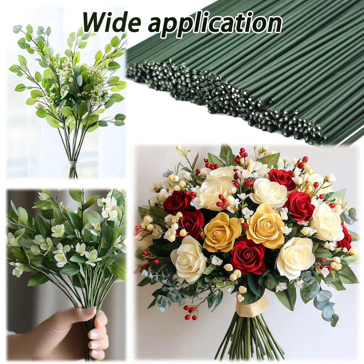 A close-up of artificial green flower stems and a large bouquet of mixed red, yellow, and white roses and greenery.