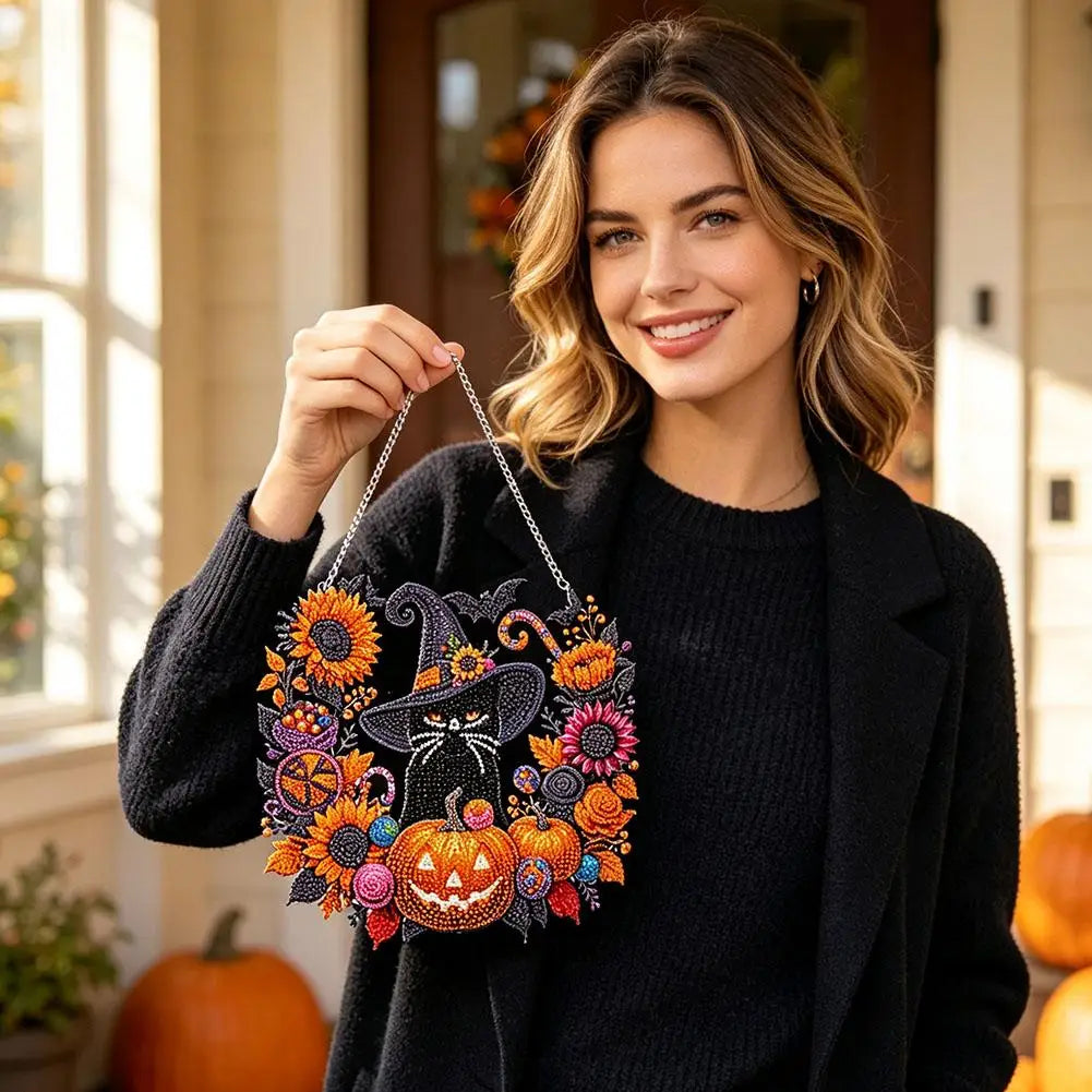 A woman holds up a Halloween acrylic diamond painting kit featuring black cat, moon, skull, and pumpkin designs.