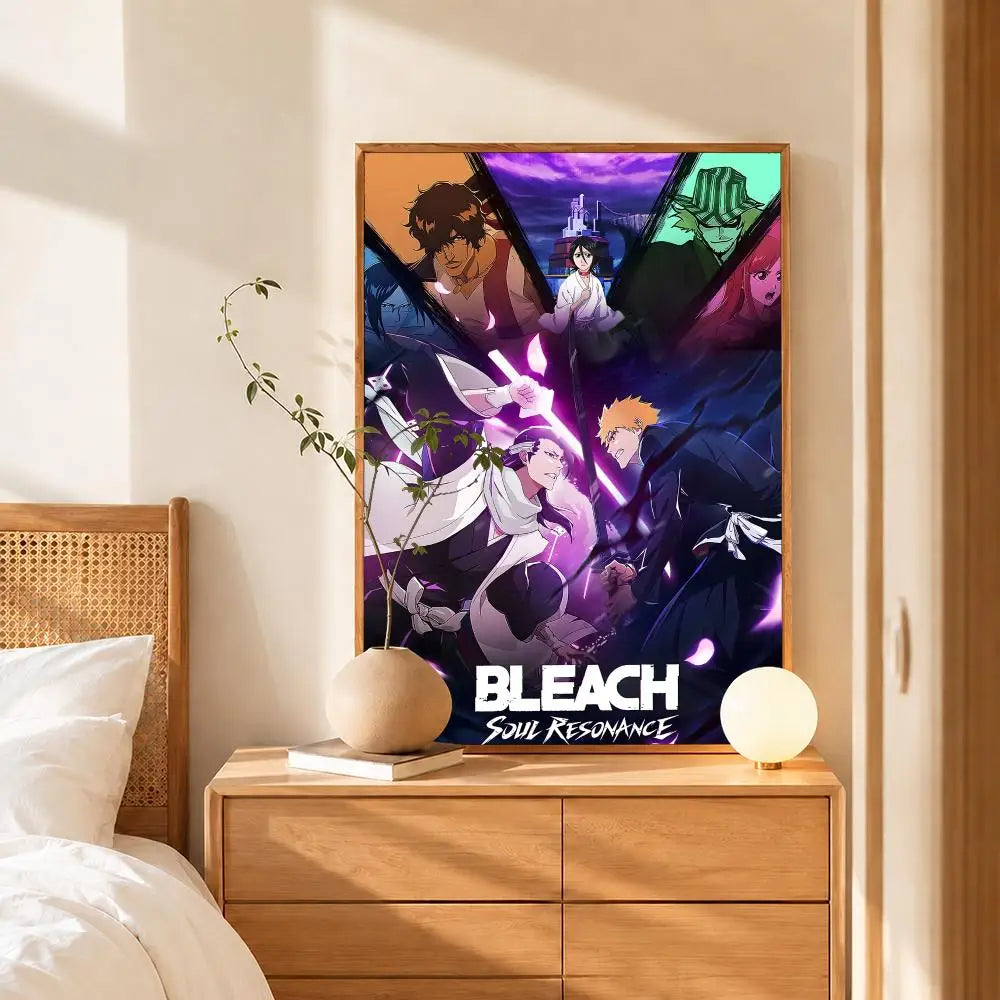 A vertical poster featuring characters from the anime Bleach Soul Resonance with a dark and vibrant color palette.