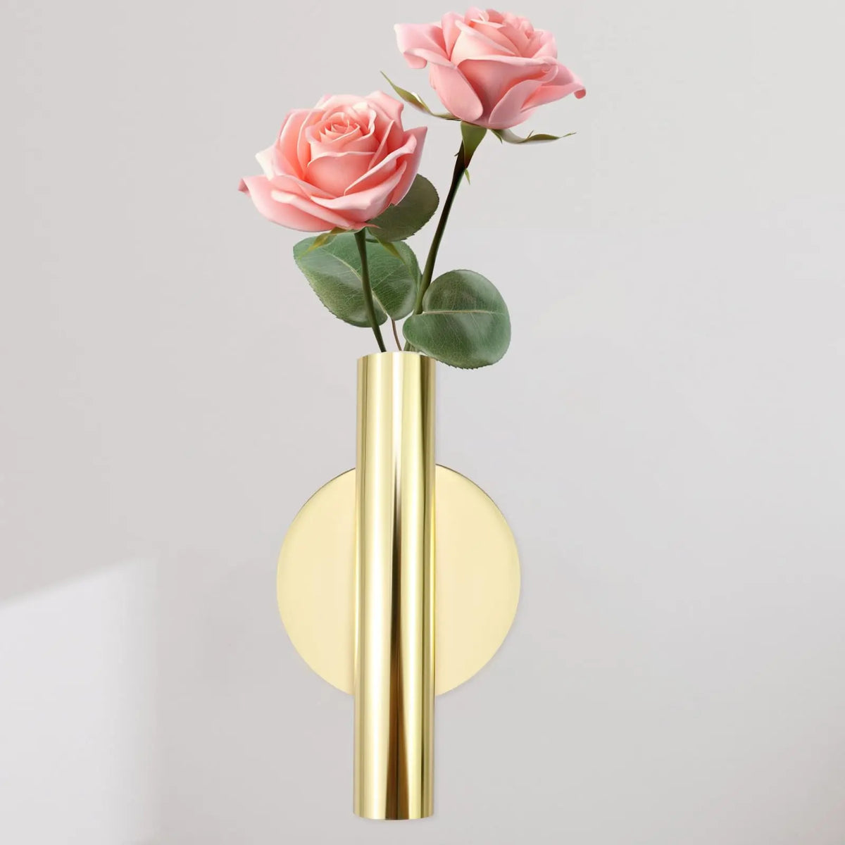 Modern wall-mounted flower vase with pink roses and gold finish