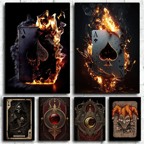 A set of playing cards featuring the Ace of Spades engulfed in flames and smoke, displayed as canvas wall art.