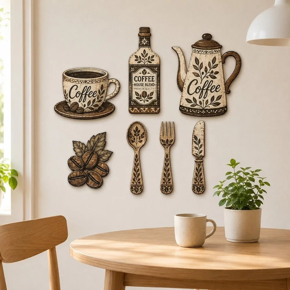 A vintage wooden coffee utensil set featuring a glass bottle, teapot, and coffee cup displayed on a light wall.