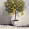 A painting of a lemon tree against a light wall, with the title Limones and the text Producto de España.