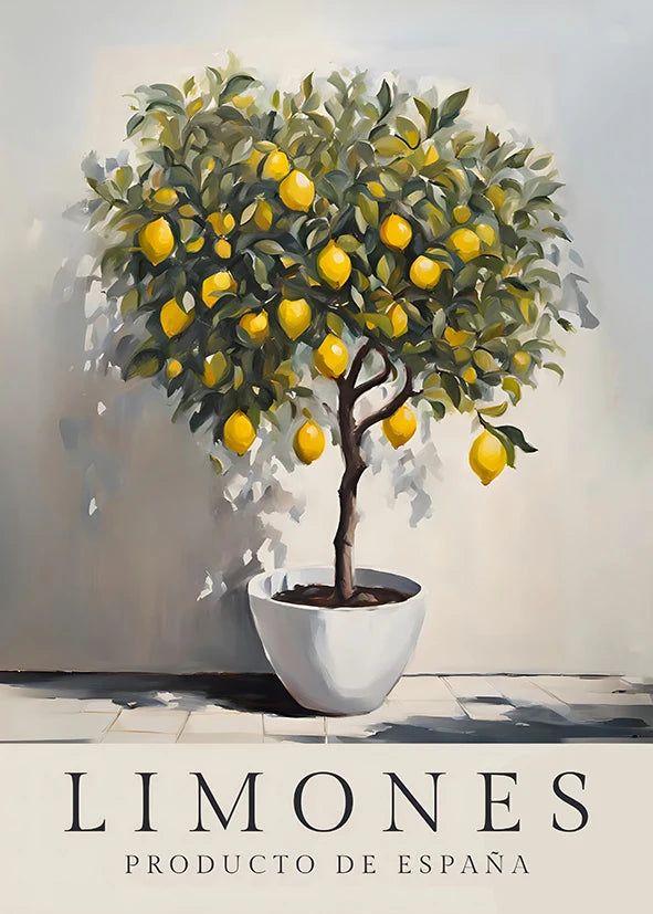 A painting of a lemon tree against a light wall, with the title Limones and the text Producto de España.