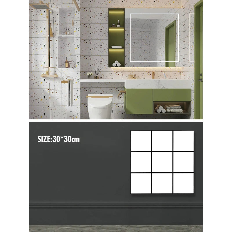 A modern bathroom or kitchen wall featuring marble-patterned decals and a green vanity area.
