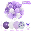 A kit of 52 balloons in purple and white with metallic pearl confetti accents for party decor