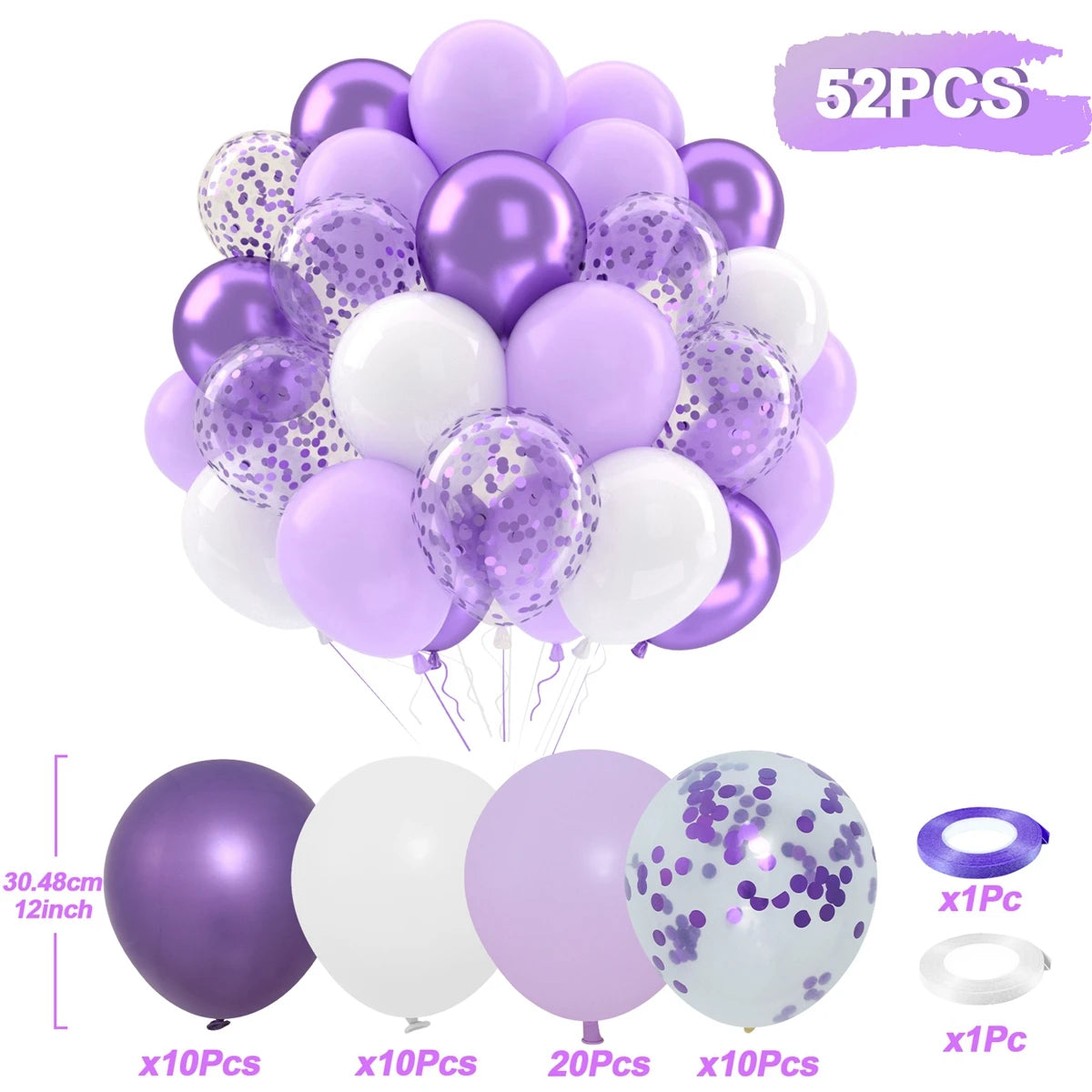 A kit of 52 balloons in purple and white with metallic pearl confetti accents for party decor