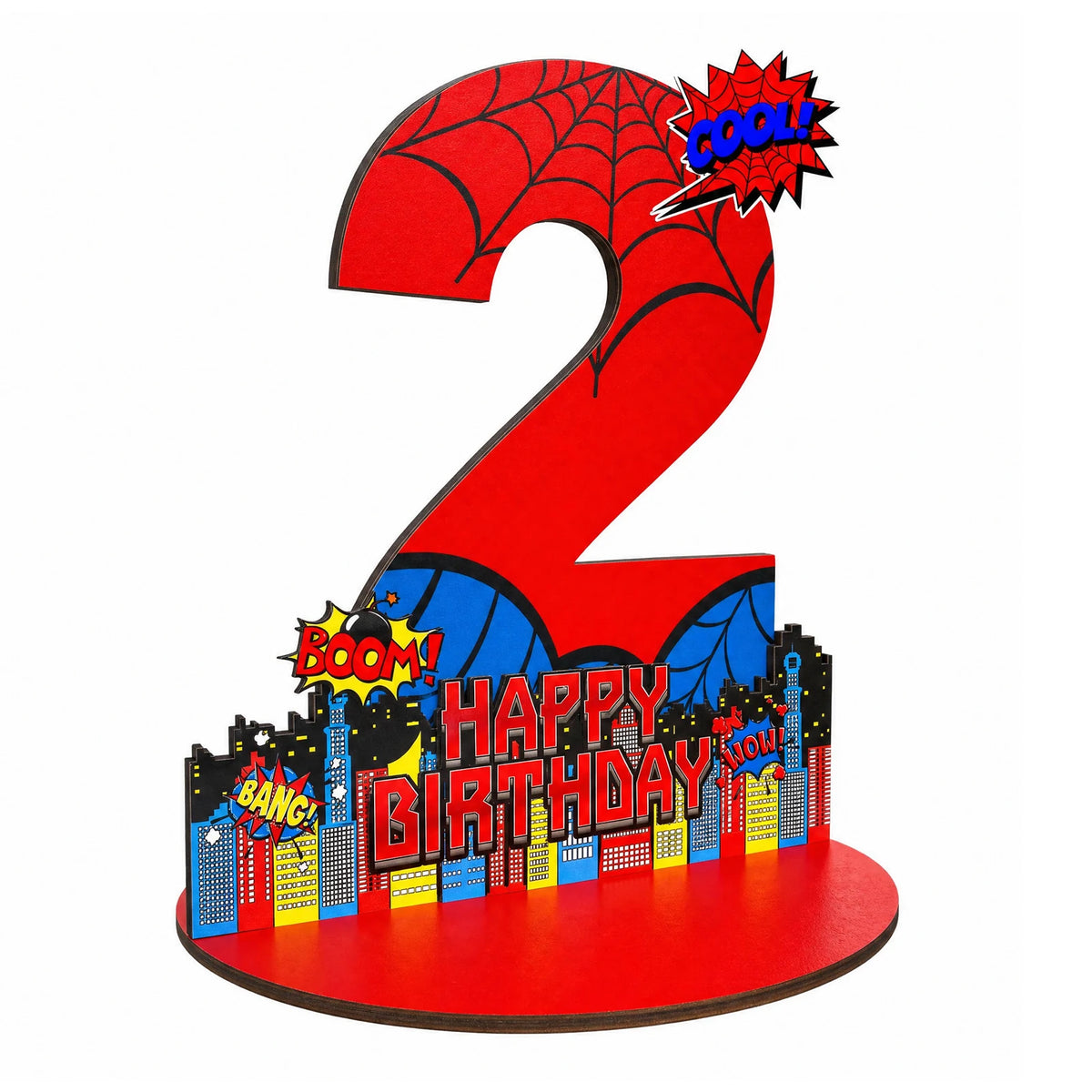 A red wooden number 2 with a spider design and birthday text, featuring cityscape silhouettes.