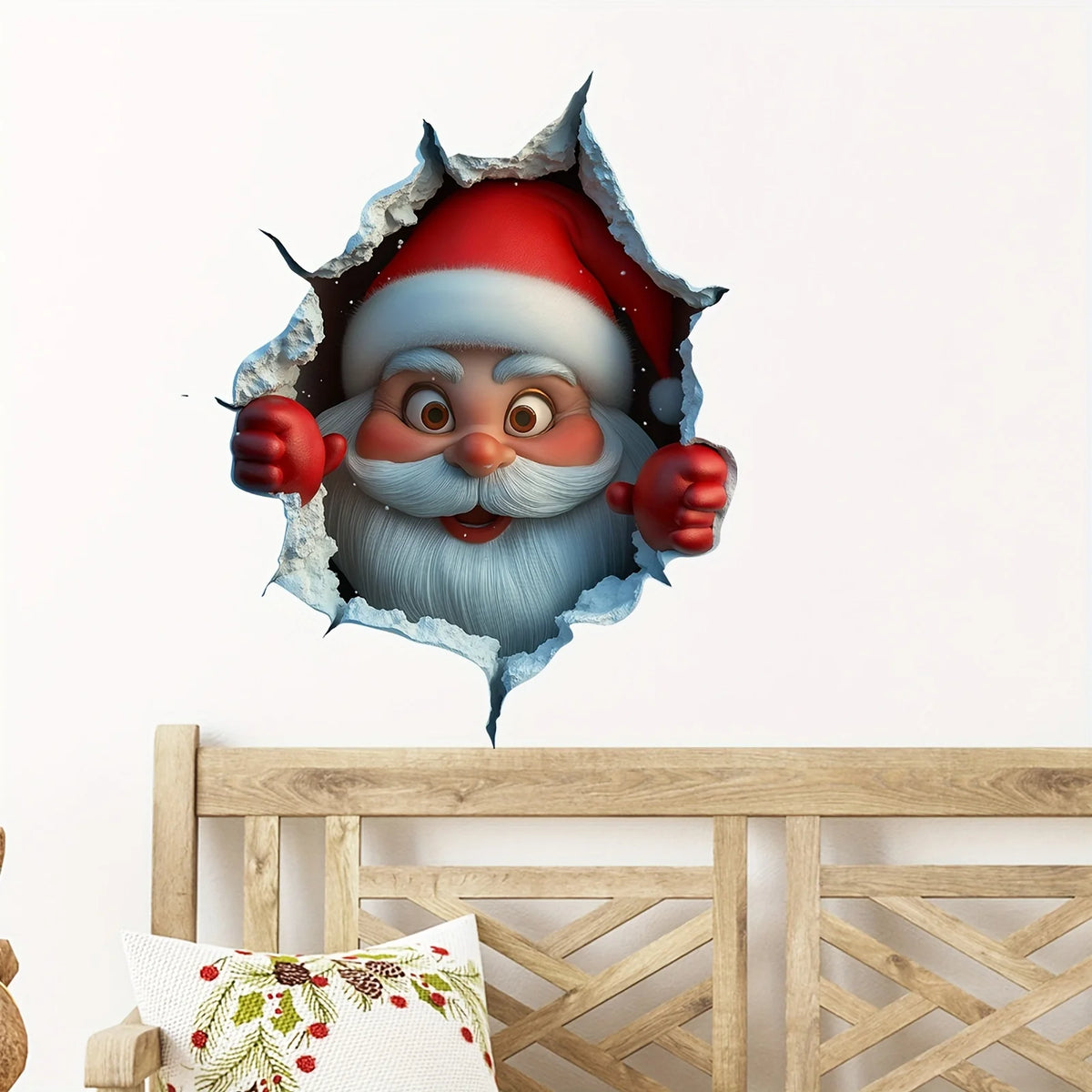 A festive Christmas Santa face cutout with a red hat and white beard, appearing to burst out of torn paper.