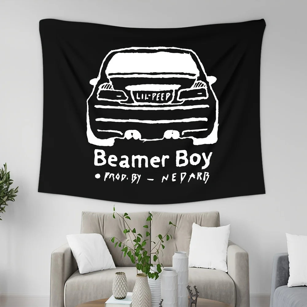 Tapisserie noire avec silhouette blanche de voiture et le texte Beamer Boy Prop par Nedarb