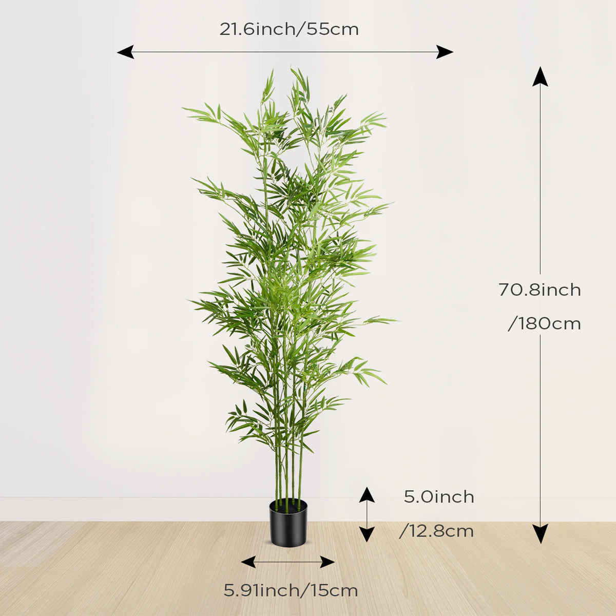 Artificial bamboo tree in a pot with dimensions of 21.6 inches long and 70.8 inches tall.