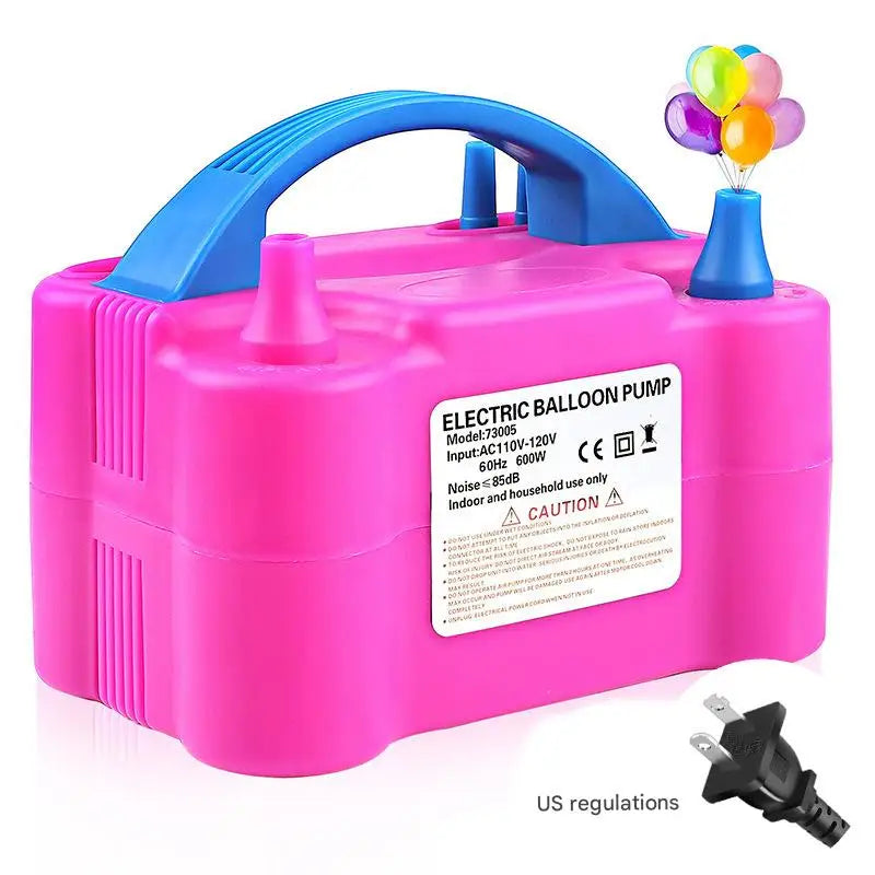 A pink electric balloon pump with a blue handle and a cluster of colorful balloons.