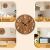 A collection of five minimalist wooden wall clocks displayed in various room settings: living room, kitchen, bedroom, office.