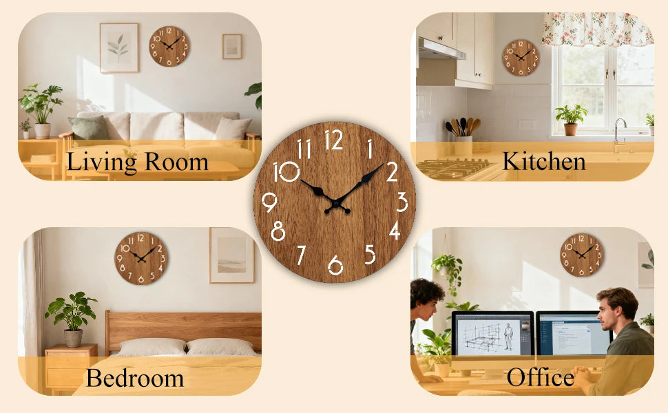 A collection of five minimalist wooden wall clocks displayed in various room settings: living room, kitchen, bedroom, office.