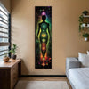 A vertical tapestry featuring a silhouette of a meditating figure glowing with various chakra colors against a dark backgroun