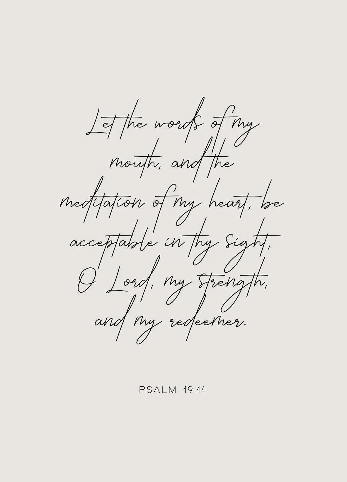 A black calligraphy rendering of Psalm 19:14 on a light gray background.