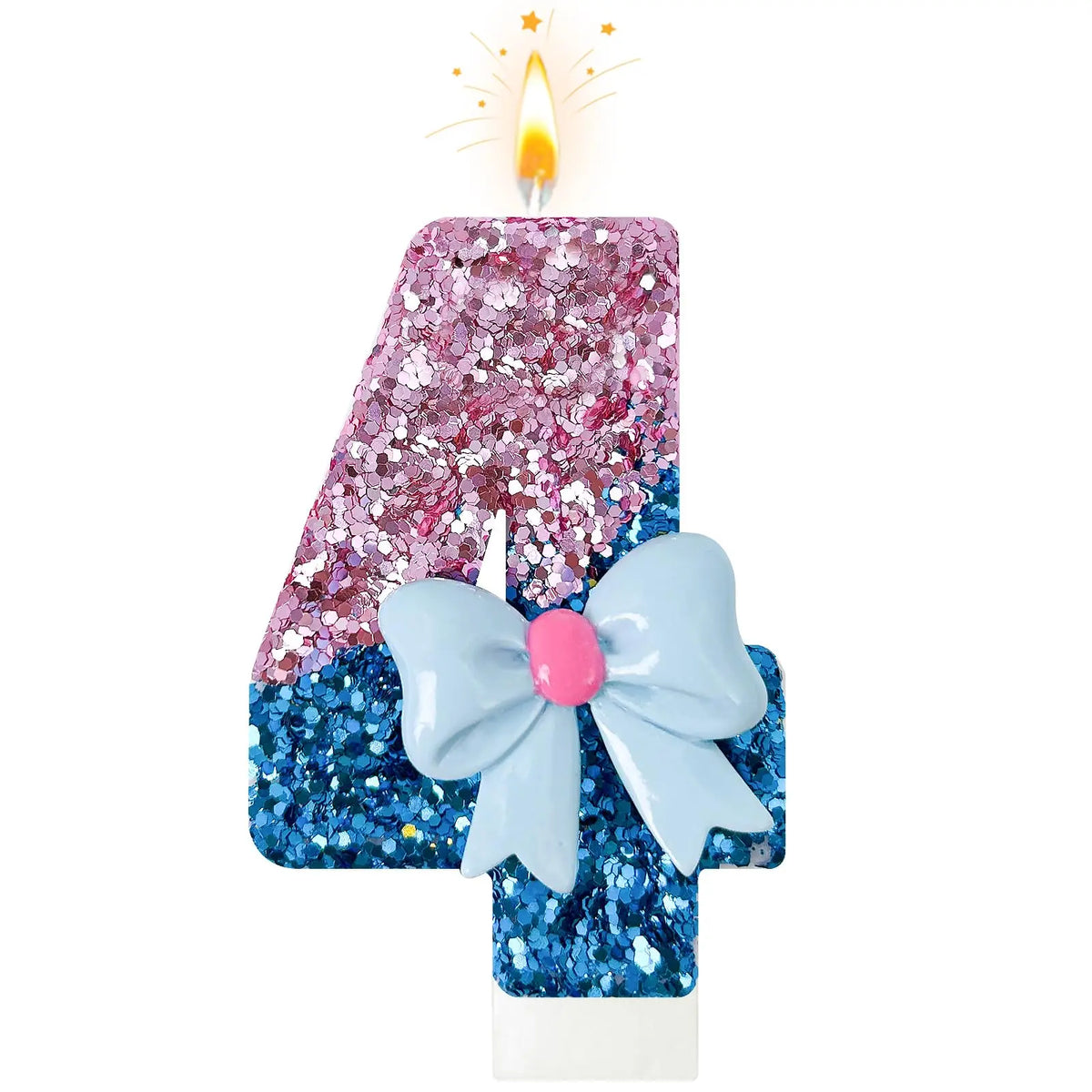 A birthday candle shaped like the number 4, decorated with glitter and a light pink bow.