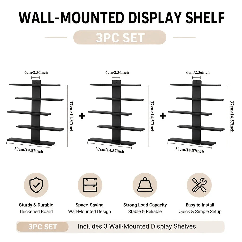 A set of three wall-mounted display shelves in black for a 3pc set.