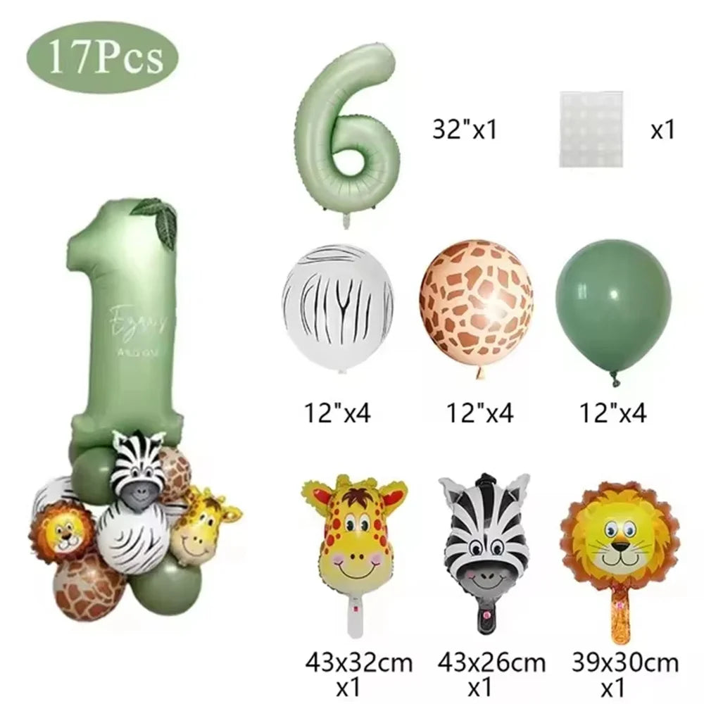 Safari jungle birthday balloon arch kit featuring sage green number balloons and various sized balloons