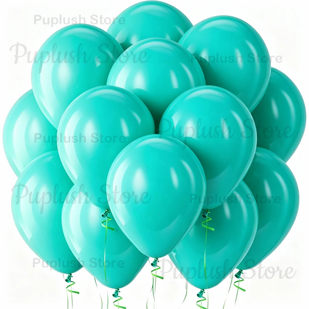 A cluster of light turquoise latex balloons for parties and events.