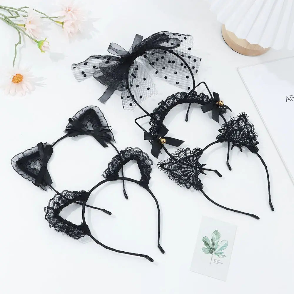 Lace Cat Ear Headband with Elegant Bow Details