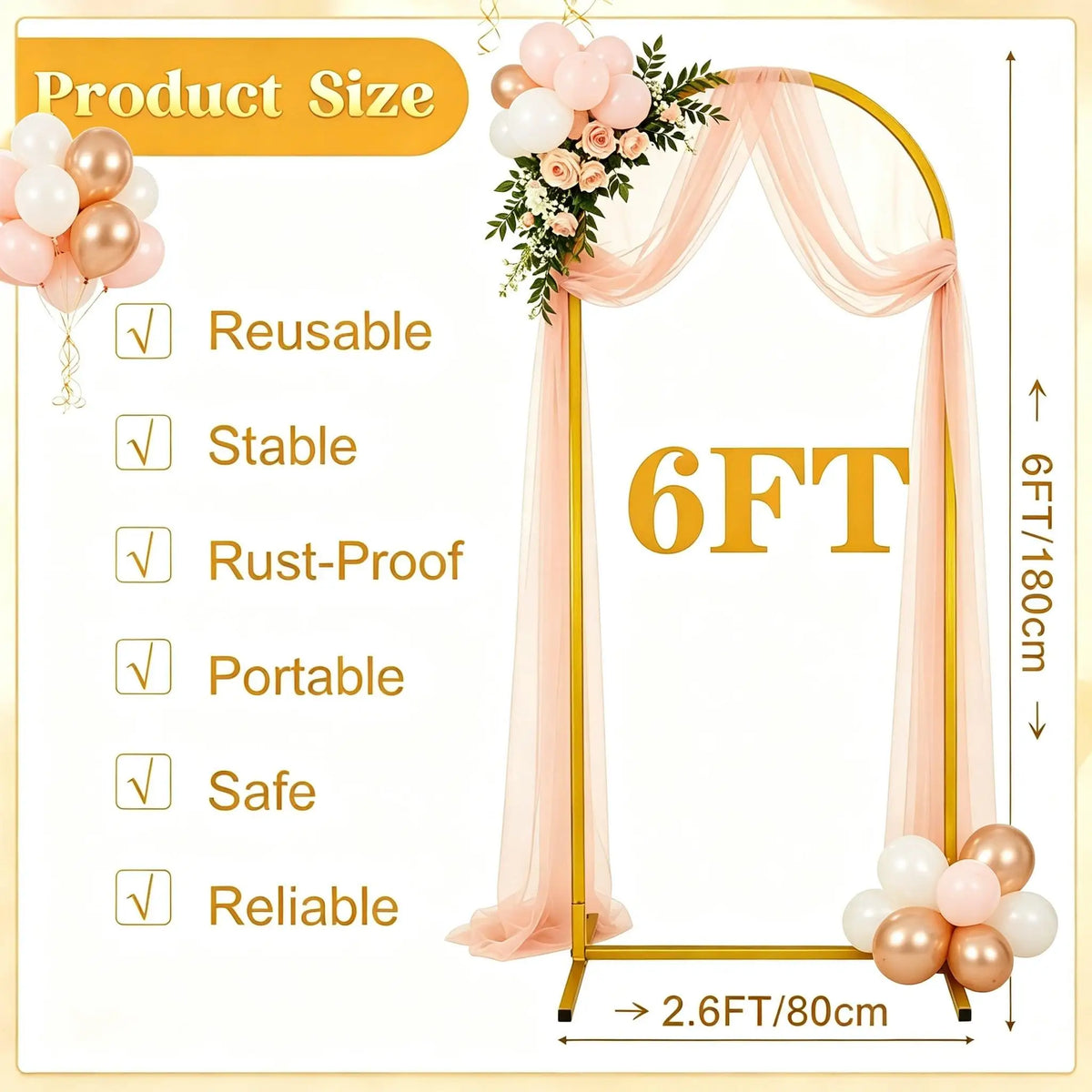 Gold metal arch backdrop stand for events featuring sheer pink fabric and floral decorations