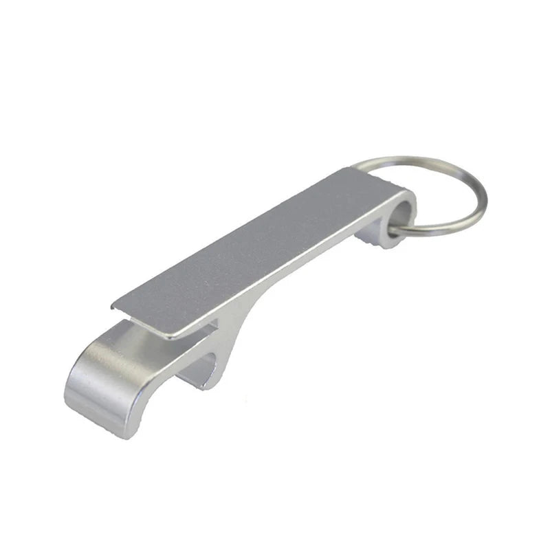 Silver aluminum bottle opener keychain set with a split design.
