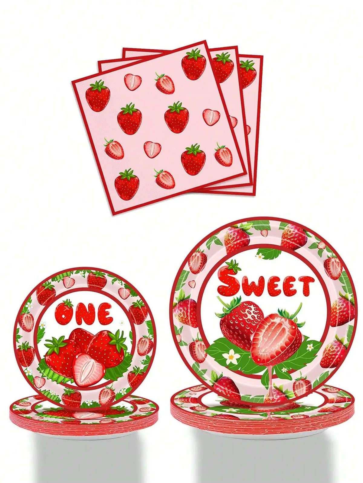 A set of pink and red strawberry themed disposable birthday party tableware including plates and napkins.