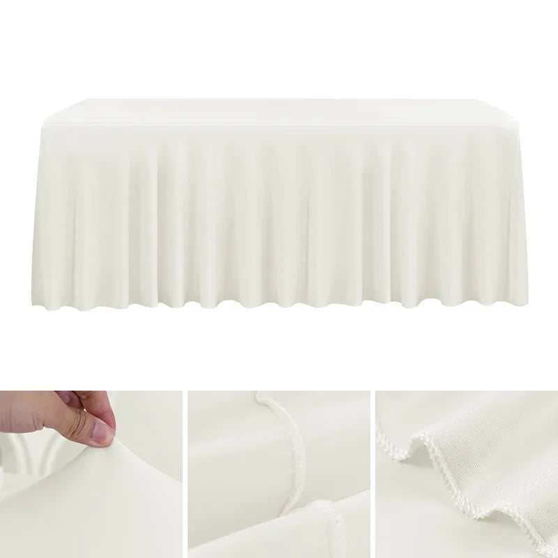 A smooth, white stretch rectangle tablecloth draped over a table, showing close-ups of the fabric texture.