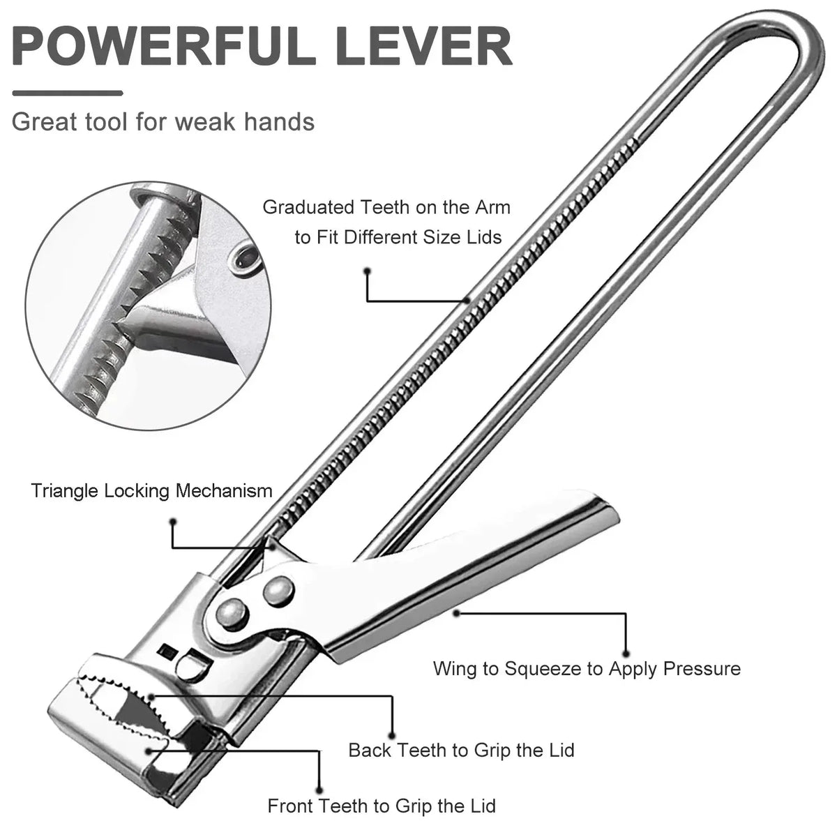 Stainless steel lever tool with graduated teeth for opening jars and bottles